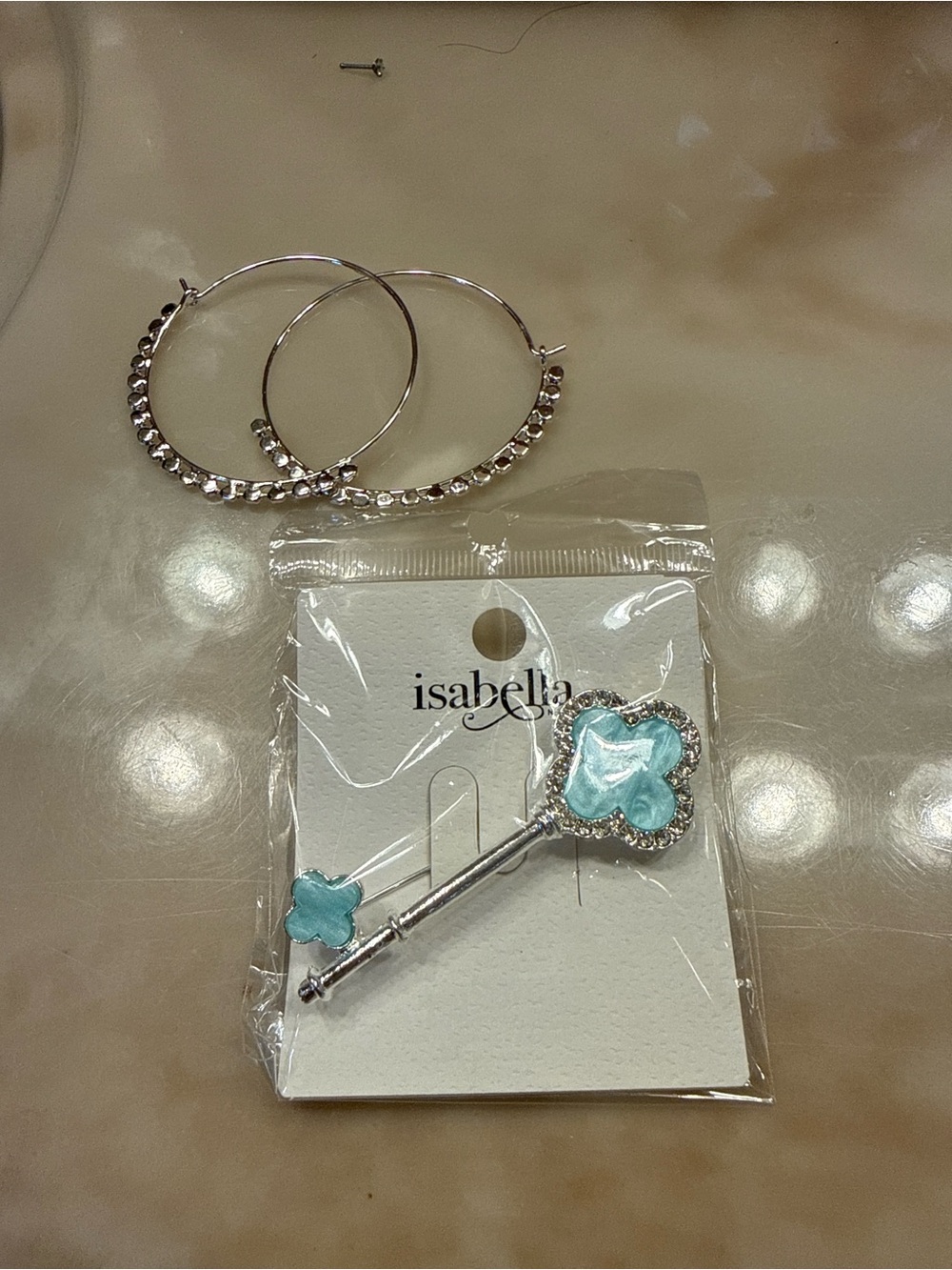 Isabella Aqua Key Brooch — Silver-Tone Floral Accent